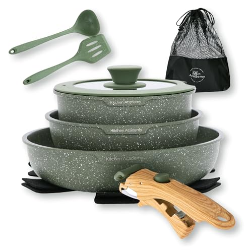 Kitchen Academy Removable Handle Pots and Pans Set - 10 Pieces Green Cookware Set with Removable Handle, RV Induction Cookware Set for Camp | 10-Piece Granite Nonstick Cookware with Removable Handle, RV Induction Cooking Pans for Camp - color: Green