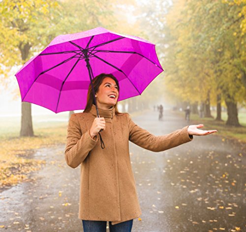 Windproof Travel Umbrella Auto Open Close, Compact 42" Folding Umbrella | Collapsible Rain Umbrella with Vented Double Canopy, Fiberglass and Steel Frame, Strong Wind Resistant - color: Pink