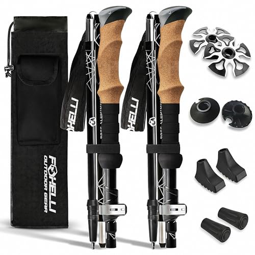 Foxelli Lightweight Trekking Poles – Compact Walking Sticks with Quick Locks, Ergonomic Cork Grip & All-Terrain Accessories – Adjustable Collapsible Poles for Travel & Hiking - size: 39-47in for Height: 4'11" to 5'8"