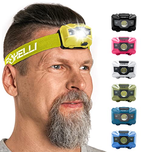 Foxelli USB‑C Rechargeable LED Headlamp – Ultra‑Light 2.4 oz & Bright 180 Lumens – Red/White Light, 5 Modes, IPX5 Waterproof, 40 h Runtime for Trail Running, Camping, Hiking - color: Neon Yellow