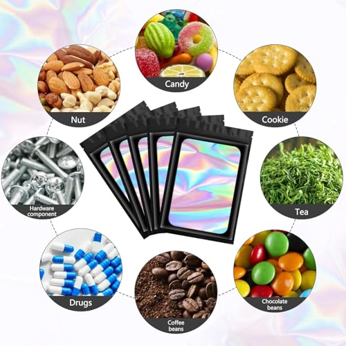Funfery 100pcs Mylar Holographic Bags-Resealable Zipper&Clear Window (Black, 7 x 10 Inch) - color: Black, size: 7 x 10 Inch