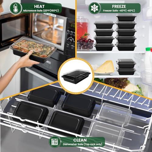 28oz Meal Prep Containers [50-Pack], Reusable Bento Box with Easy-Snap Leakproof Lids - Microwave, Dishwasher & Freezer Safe Food Storage, BPA-Free Plastic Lunch Containers (Black)