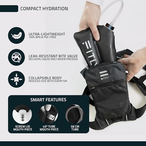 FITLY Soft Flask - Shrink As You Drink Soft Water Bottle for Hydration Pack - Folding Water Bottle Ideal for Running, Hiking, Cycling, Climbing & Rigorous Activity - color: Black, size: 17 Ounces