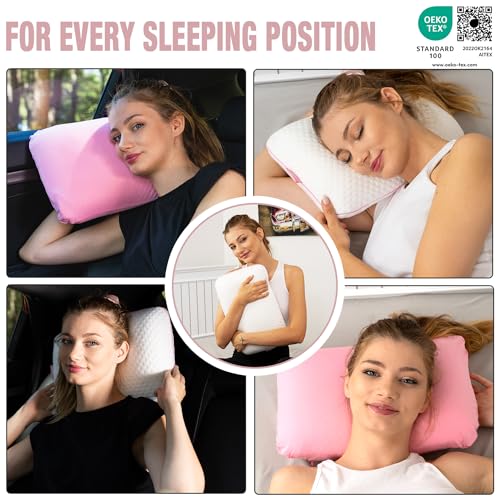 alkamto Travel & Camping Comfortable Memory Foam Pillow – Easy to Carry Portable Bag – Temperature Regulating Pillow Case (Pink + Extra Cover) - size: Pink Travel + Extra Cover
