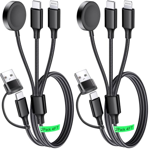 Multi Charging Cable for Apple Watch Charger 2Pack 4ft for Multiple Devices | USB C Multi Charger Cord Travel for iWatch Ultra 2/SE 2/10/9/8/7/6/5/4/3/2/1, iPhone 16/15/14/13, iPad, AirPods