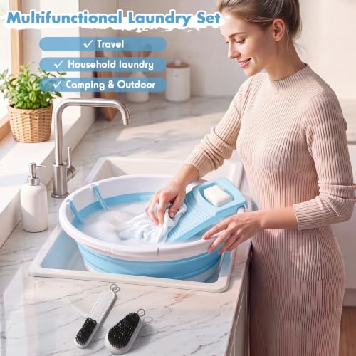 Lounsweer Large Collapsible Washboard Basin for Hand Washing Clothes with 2 Cleaning Brushes Portable Folding Laundry Tub with Non-Slip Washtub for Home Travel Camping (Blue) - color: Blue