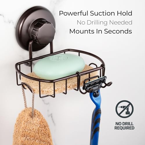 HASKO Suction Cup Soap Dish for Shower Wall, Rustproof Stainless Steel, Shower Soap Holder with Hooks and Soap Saver, Bronze - color: Bronze