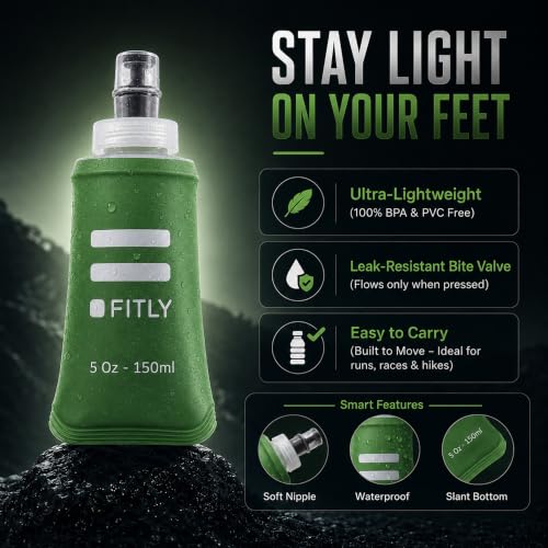 FITLY Soft Flask - Shrink As You Drink Soft Water Bottle for Hydration Pack - Folding Water Bottle Ideal for Running, Hiking, Cycling, Climbing & Rigorous Activity - color: Forest Green, size: 5 Ounces