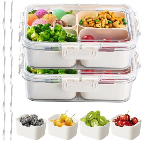 Small 4 Compartment Snackle Box Container Clear Snack Box with Lid | 2 Pack Mini Snacklebox for Veggie, Candy, Fruits, Nuts, Charcuterie, Travel & Picnics & Office Lunch - color: 2 pack 4 compartment divided snackle box container