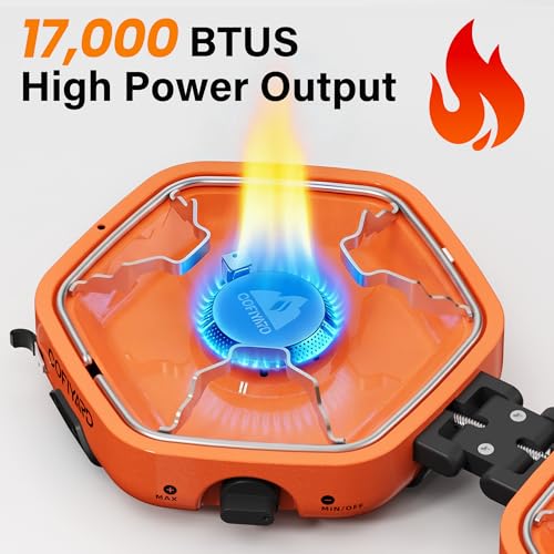 Cofiyard Propane 2 Burner Camping Stove with Carrying Bag, Portable Folding Gas Stove for Camping, Backpacking Camp Stove for Outdoor Cooking with 17,000 BTU Adjustable Burners for BBQ, Tailgating - color: Tangerine