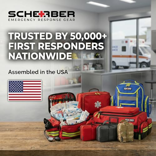 Scherber Fully-Stocked Premium First Responder Backpack | EMT/EMS Medic Trauma & Oxygen Medical Professional Kit | Bag w/ 4 Color-Coded Removable Pouches, O2 Storage, & 250+ First Aid Supplies (Blue) - color: Blue