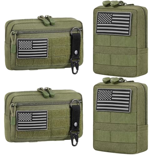 4Pcs Tactical Molle Utility Pouch Molle Pouch EDC Tool Bags Tactical Compact Water-Resistant EDC Pouches for Man Include US Flag Patch and Keychain - color: Green