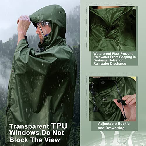 Andake Waterproof Rain Poncho for Adults Unisex,230T Ripstop Polyester,Raincoat Gear with Transparent Viewing Window Outdoors - color: Dark Green