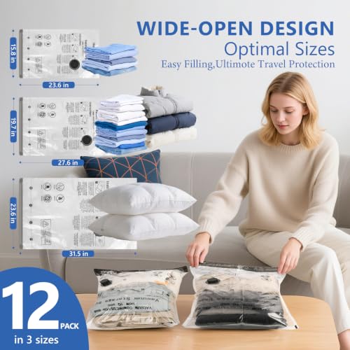 12 Pack Travel Vacuum Bags for Clothing with Rechargeable Wireless air Pump - size: 12 Combo Size (Blue)