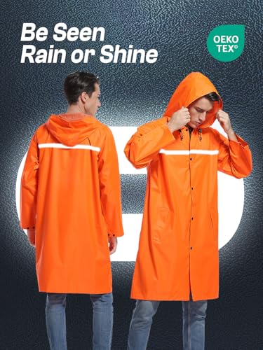 Mens Long Hooded Safety Rain Jacket Waterproof Emergency Raincoat Poncho - color: Orange, size: XX-Large