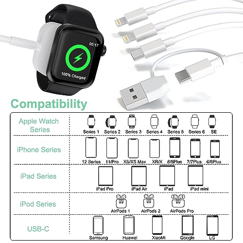 Travel 3M/10FT USB C Multi 6-in-1 Fast Charging iWatch Charger Cable,USB A/USB C Apple Watch Charger+Lightning*2+Type C Cord Combo for Smart Watch Series9 8 7 6 5 SE/iPhone15 14 13/Samsung/iPad/Huawei