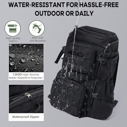 Timeet Tactical Backpack for Men, 20 Inch Black 45L Large Capacity, U-Shaped Wide Opening Molle Military Hiking 3 Day Assault Pack, Water Resistant - color: Black