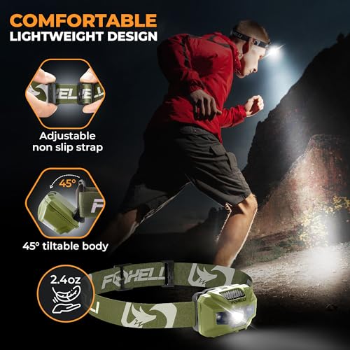 Foxelli USB‑C Rechargeable LED Headlamp – Ultra‑Light 2.4 oz & Bright 180 Lumens – Red/White Light, 5 Modes, IPX5 Waterproof, 40 h Runtime for Trail Running, Camping, Hiking - color: Khaki