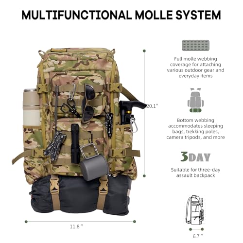 Timeet Tactical Backpack for Men, 20 Inch Camouflage 45L Large Capacity, U-Shaped Wide Opening Molle Military Hiking 3 Day Assault Pack, Water Resistant - color: Camouflage