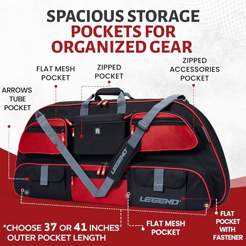 LEGEND Apollo Soft Bow Case - Compound Bow Case with Multiple Storage & Foam Padding, Lightweight Bow and Arrow Case for Archery Accessories, Bow Bag with Arrow Tube Pocket - 40" & 44" - color: Black / Red, size: 44in Inside Length