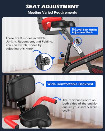 pooboo Folding Magnetic X‑Bike, Upright Exercise Bike for Home Gym | Foldable Indoor Stationary Cycling Bike, 8‑Level Resistance, 6.6 LBS Flywheel, 300 LB Capacity, Back Support Cushion - color: Flame Red