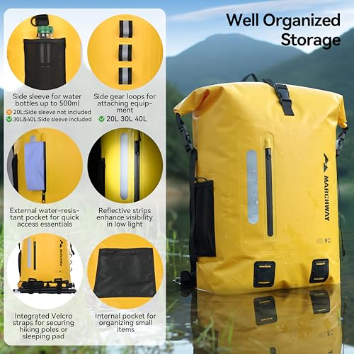 MARCHWAY Roll Top Waterproof Backpack, Floating Dry Bag 20L/30L/45L with Ergonomic Rectangular Base, Cushioned Back, Hip Strap for Hiking Camping Kayaking Travel (Yellow, 45L) - color: Yellow, size: 45L