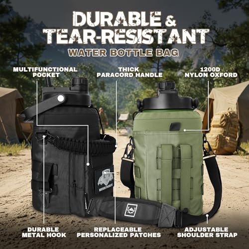 NATURE PIONEOR 128oz/1 Gallon Tactical Water Bottle with MOLLE Bottle Pouch | 18/8 Food-grade Stainless Steel, Double Vacuum Insulation, Wide-Mouth, Straw & Spout Lid, Strap, Camping, Hiking, Gym, Work - color: Black, size: 128 Ounces