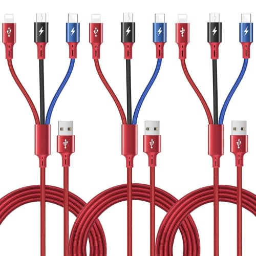3Pack 5Ft Multiple Charging Cable 3-in-1 Braided Multi Charger Cord Fast Charging Cable Multi Charger Cable for Type C/Micro USB Port for Cell Phones/iPhone 17 16 15 14 13/Samsung/PS/Tablets & More | Universal 3 in 1 Multiple USB Cable Charging Cord with