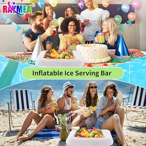 RAYMEA Inflatable Ice Serving Bar 2 PCS, Portable Salad Ice Tray Food Drink Pool Containers Inflatable Cooler for Summer Parties, BBQ, Graduation, Camping or Picnic (24 Inch White)