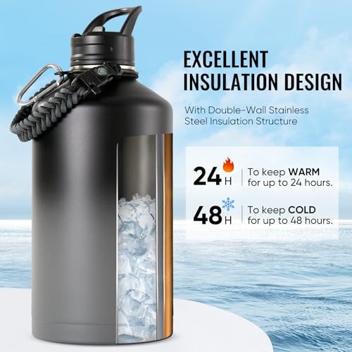 Fijinhom Gallon Water Bottle with 2 Lids (Straw & Spout), 304 Stainless Steel Water Jug with Handle and Wide Mouth, 1 Gallon Vacuum Double Walled Jug for Sports, Outdoors, Black/Gray, 128 oz