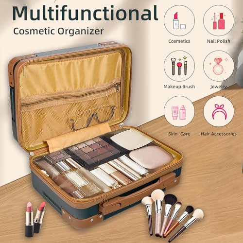 14inch Hard Shell Cosmetic Organizer Travel Train Hand Luggage Small Portable Carrying Suitcase Makeup Case Bag for Women Toiletry - color: BLUE/GOLD