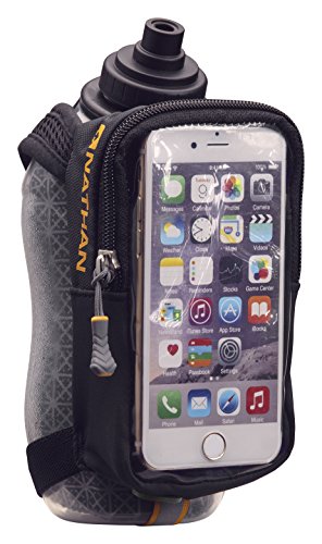 Nathan SpeedView Insulated Handheld Running Water Bottle Flask 18oz – Double-Wall Insulation, Ergonomic Grip, Blast Valve Cap, Phone & Key Storage Pockets, Reflective Design - color: 18oz Flask Clearview - Black