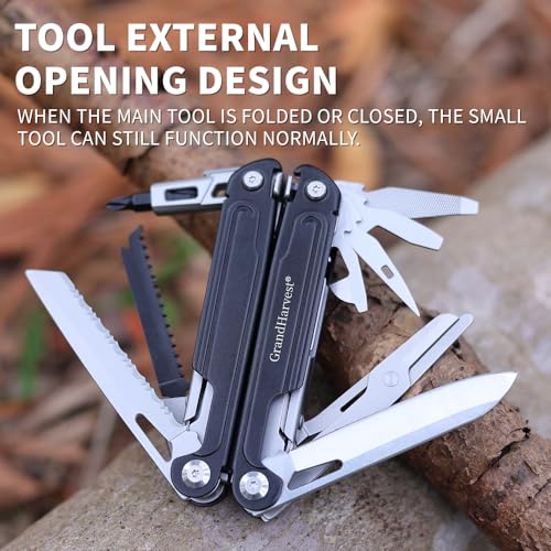 GrandHarvest 17-in-1 Stainless Steel Multi-Tool, self-locking practical multi-tool, equipped with large multi-purpose pliers, folding knife, belt clip, and nylon sheath, men's gift, EDC multi-tool