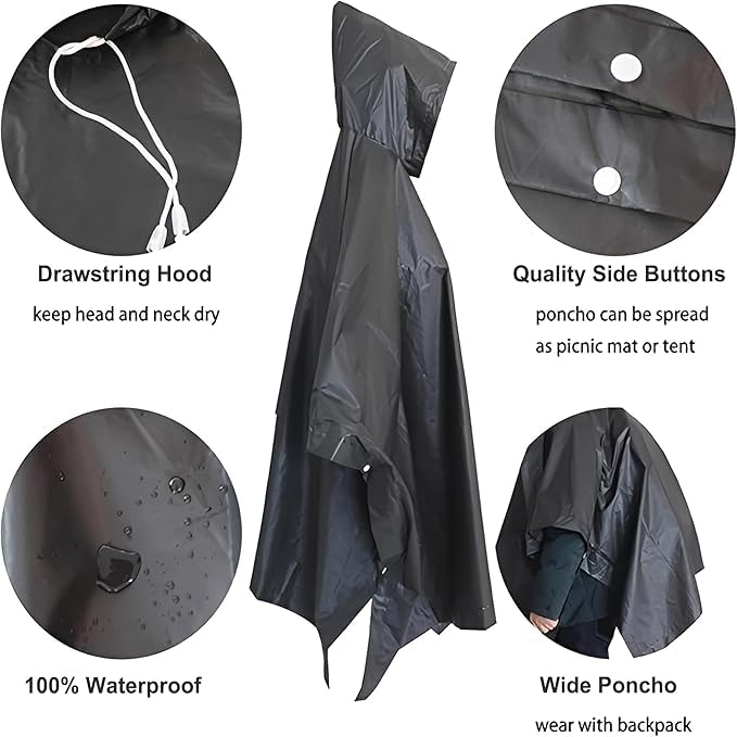 UPSEN Rain Ponchos for Adults, 2 Pcs Reusable Raincoats Coats Jackets Emergency for Women Men with Hood - color: 1 White+1black