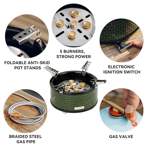 Portable Camping Gas Stove with Storage | 5 Burners Propane Stove for Outdoor Patio Cooking Picnic Camping Hiking Tailgating Emergency Use, Green GS344