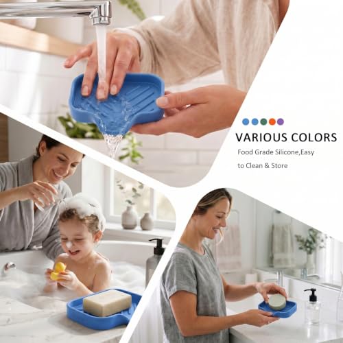 MicoYang Silicone Soap Dish with Drain Spout, Self-Draining Sink Organizer Tray for Bathroom & Kitchen, Sponges, Dispensers & Soap Holder, Non-Slip and Dishwasher Safe, Light Blue (Compact, 4.9"×3.2") - color: Light Blue, size: S(4.9"×3.2")