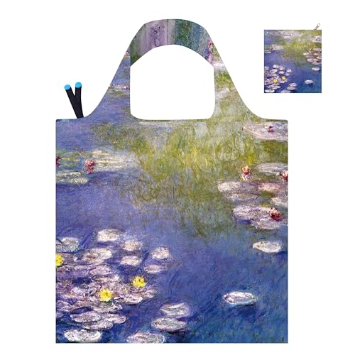 Reusable Grocery Bags, Oil Painting Art Tote Bags With Carry Pouch Waterproof Shopping Bags for Travel Daily Use - style: Water Lilies