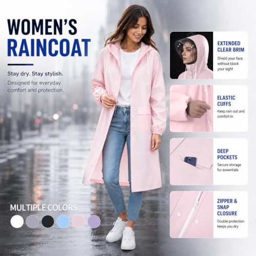 Women's EVA Raincoat, Waterproof Hooded Long Rain Poncho - color: Pink01, size: Large