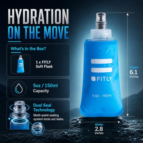 FITLY Soft Flask - Shrink As You Drink Soft Water Bottle for Hydration Pack - Folding Water Bottle Ideal for Running, Hiking, Cycling, Climbing & Rigorous Activity - color: Blue, size: 5 Ounces