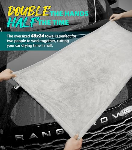 KKV Full-Sized SUV Drying Towel, 48”x24” Dual Sided Microfiber Car Cleaning Towel with Twisting Yarn Technique, 1400GSM Super Absorbent, Scratch-Free, Machine Washable (LightGrey-MarineBlue) - color: Lightgrey-marineblue