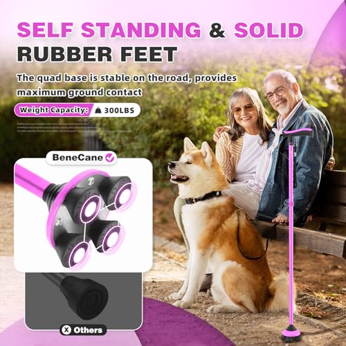 Walking Cane for Men & Women Walking Stick for Seniors Folding Canes Quad Cane Adjustable Lightweight Sturdy Collapsible Heavy Duty with Soft TPR T-Handle and Travel Bag - color: Pink