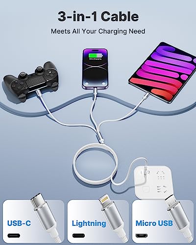 Multi Charging Cable, Multi USB Cable Nylon Braided 3 in 1 Multiple USB Cable Universal Charging Cord Adapter with IP/Type C/Micro USB Port for Cell Phones/Samsung Galaxy/Ps/LG/Huawei/Tablets/Kindle - color: White, size: 3 in 1 4FT 2PACK