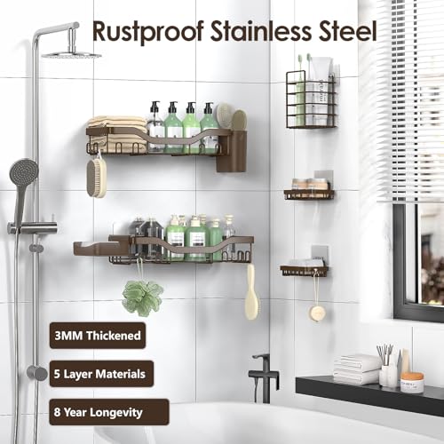 NESOMI Shower Caddy Adhesive Shower Organizer 7-Pack, Rustproof Stainless Steel Bathroom Shelves, Large Capacity No-Drill Rack Storage Accessories with Soap Dish Toothbrush Holder Hooks - color: Brown, size: 7-Piece Set
