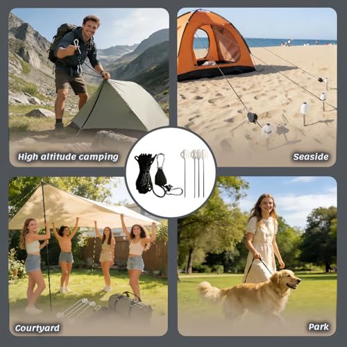 Camping Tent Rope Pulley System with Stakes, 4mm Braided Polyester Wind Rope, 13ft Adjustable Tightener with Carabiner and 4 Glow-in-the-Dark Steel Stakes, 34kg Load Capacity