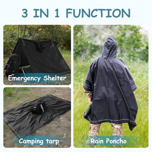 Plus Size Rain Poncho with Hood and Reflective Stripes, Big and Tall Rain Poncho, Ideal as Rain Ponchos for Adults - color: Black