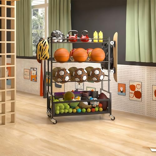 SOYEEZE Sports Equipment Organizer- Ball Storage for Garage,4 Tiers Outdoor Toy Storage,Soccer Racks,Basketball Shooting Training Stand Cart with Wheels and Hooks for Home-School and Gym Use - style: 4 Tiers