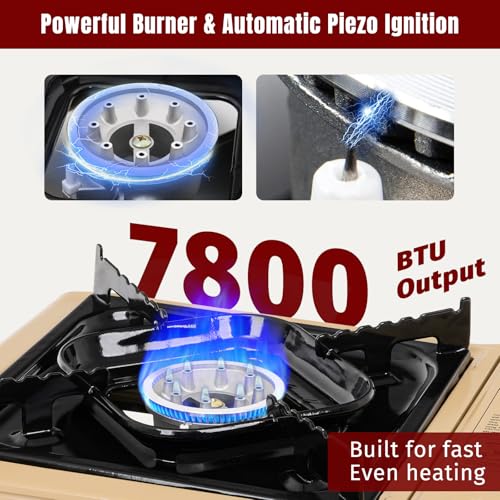 SHINESTAR 7800 BTUs Portable Butane or Propane Camping Stove, Wind Guard | For Outdoor Cooking, Camping, Emergencies, BBQ, Hiking & Backpacking, Propane Adapter Hose, Guard & Carrying Case Included - color: Khaki - 7800 BTU Dual Fuel with Windscreen