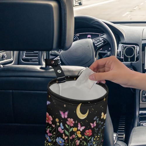 Wildflowers Moon Car Trash Can Butterflies Waterproof Car Garbage Can Car Seat Back Hanging Trash Bag Camping Garbage Bin Storage Bag Collapsible Trash Container for Car 5.9 x 7.3 in - color: Wildflowers butterflies