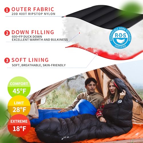Down Sleeping Bag for Adults, 600 Fill Power Ultralight Backpacking | 600 Fill Power Down,Compact Carry,Ultralight Trail Use,Camping Hiking Backpacking,Cold and Warm Weather Use - color: Black, size: 1.76 lb Down Filling
