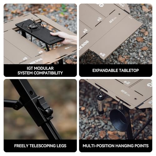 BLACKDOG IGT Camping Table, Portable 4.5U Folding Camp Table | Adjustable Height 16"-24"，IGT Modular System Compatibility，7 Expandable Plates, Aluminum，with Carry Bag，48.8" L x 22.8" W - color: Desert Sand